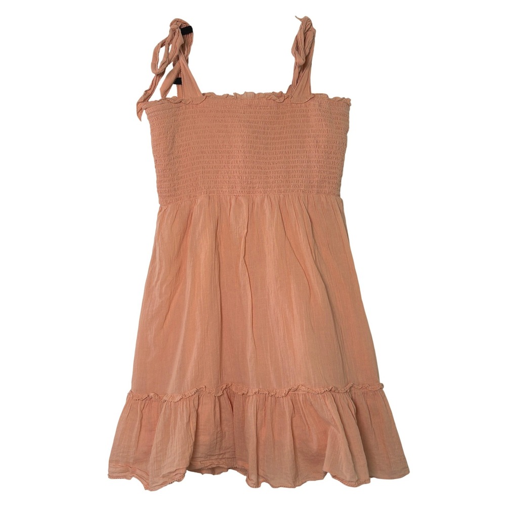 Aerie Smocked Mini Dress Peach Apricot Tie Shoulder Ruffle Hem Womens Medium - Picture 4 of 9